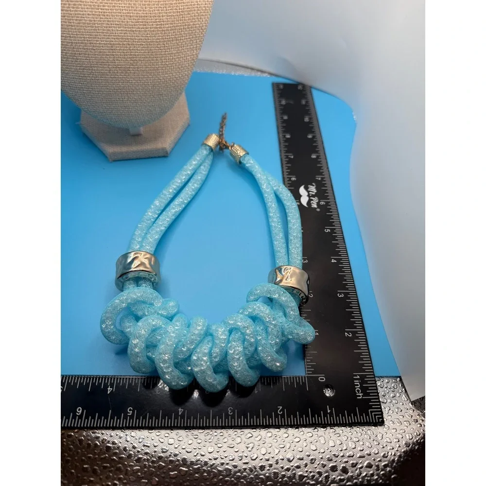 Aqua Blue Mesh‎ Crystal Knotted Bib Necklace Gold Tone Chunky Statement Collar